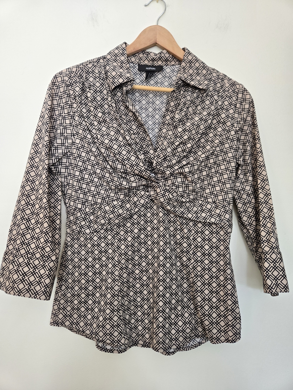Alfani Twist-Front Geometric Print Blouse - Beige/Black